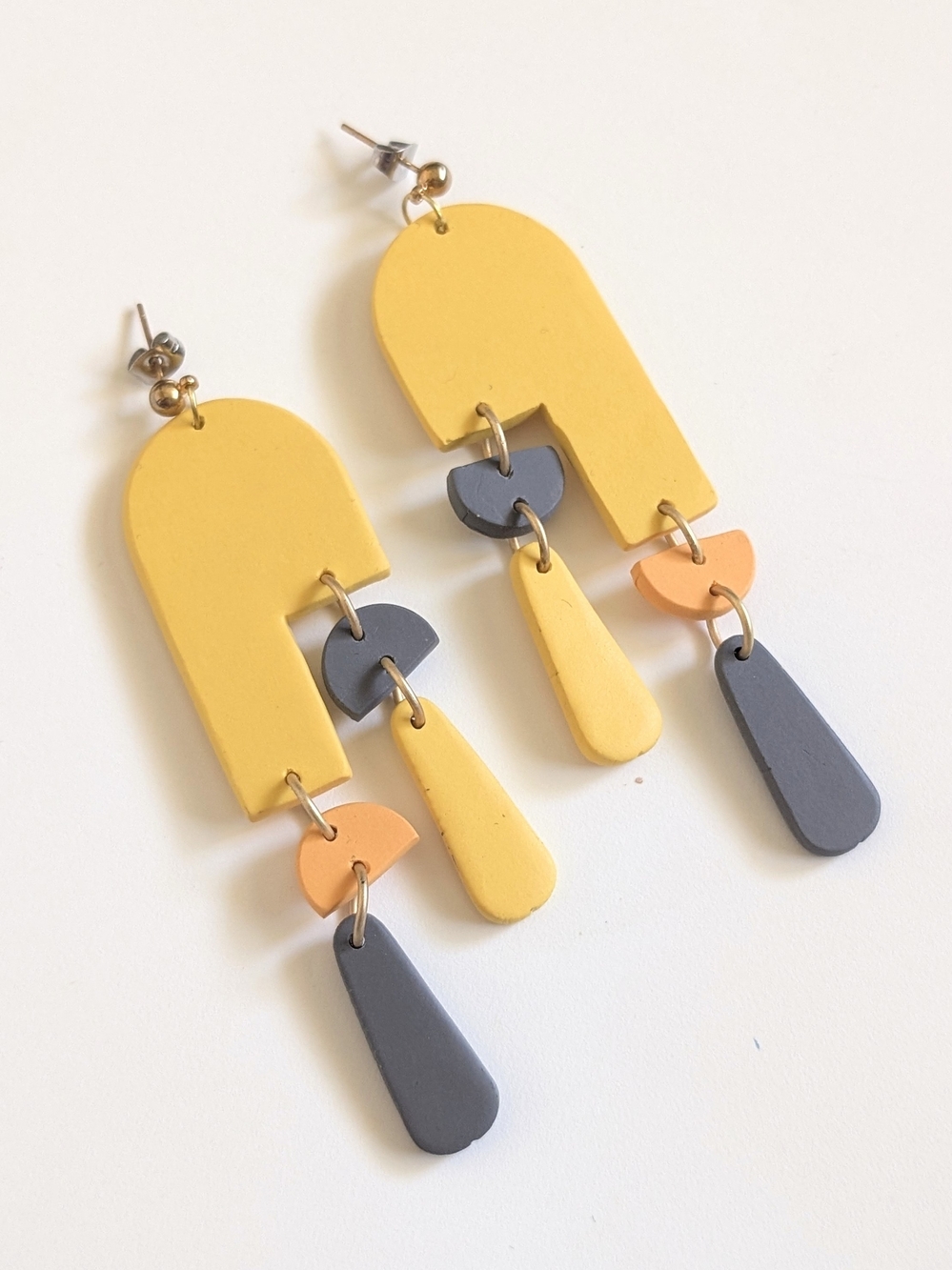 Geometric Yellow, Gray & Orange Dangle Earrings